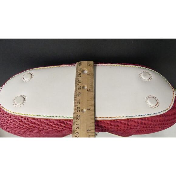 Pink Wicker Handbag Rattan White Leather Handle Buckle Elliott Lucca Colorful - Picture 10 of 13